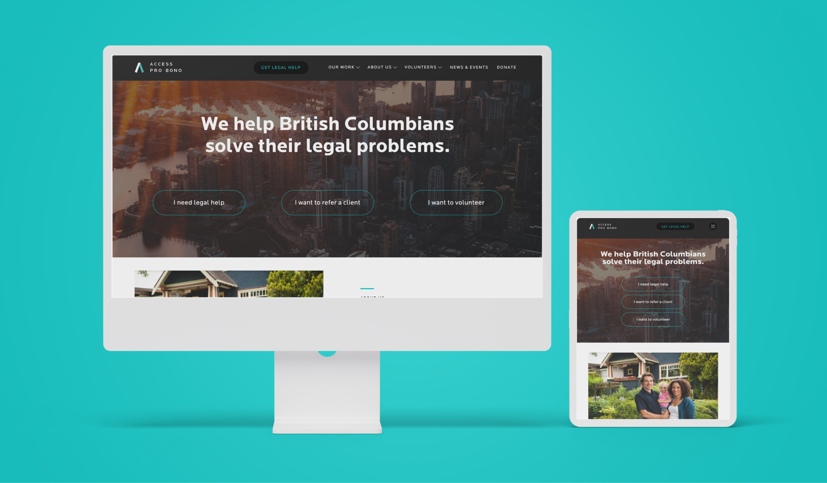 Pro Bono landing page showing in a desktop and tablet