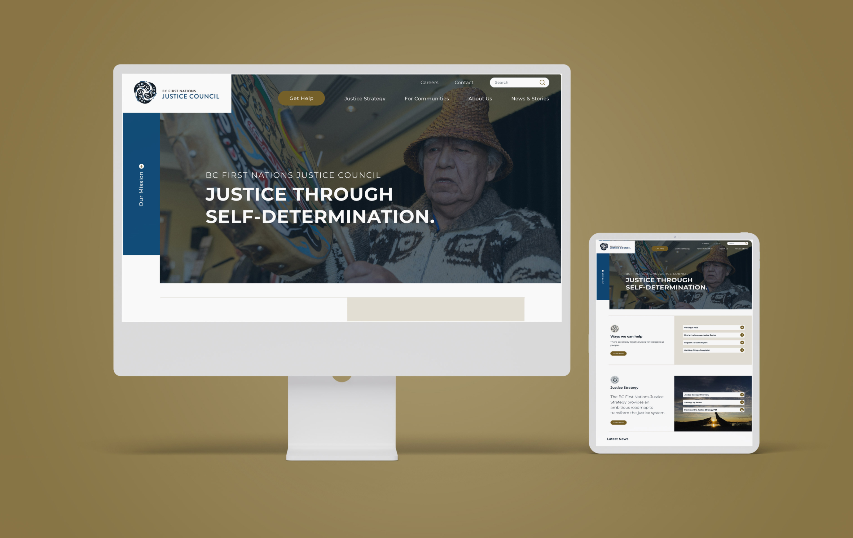 Desktop and tablet mockups showing the BC First Nations Justice Council homepage website
