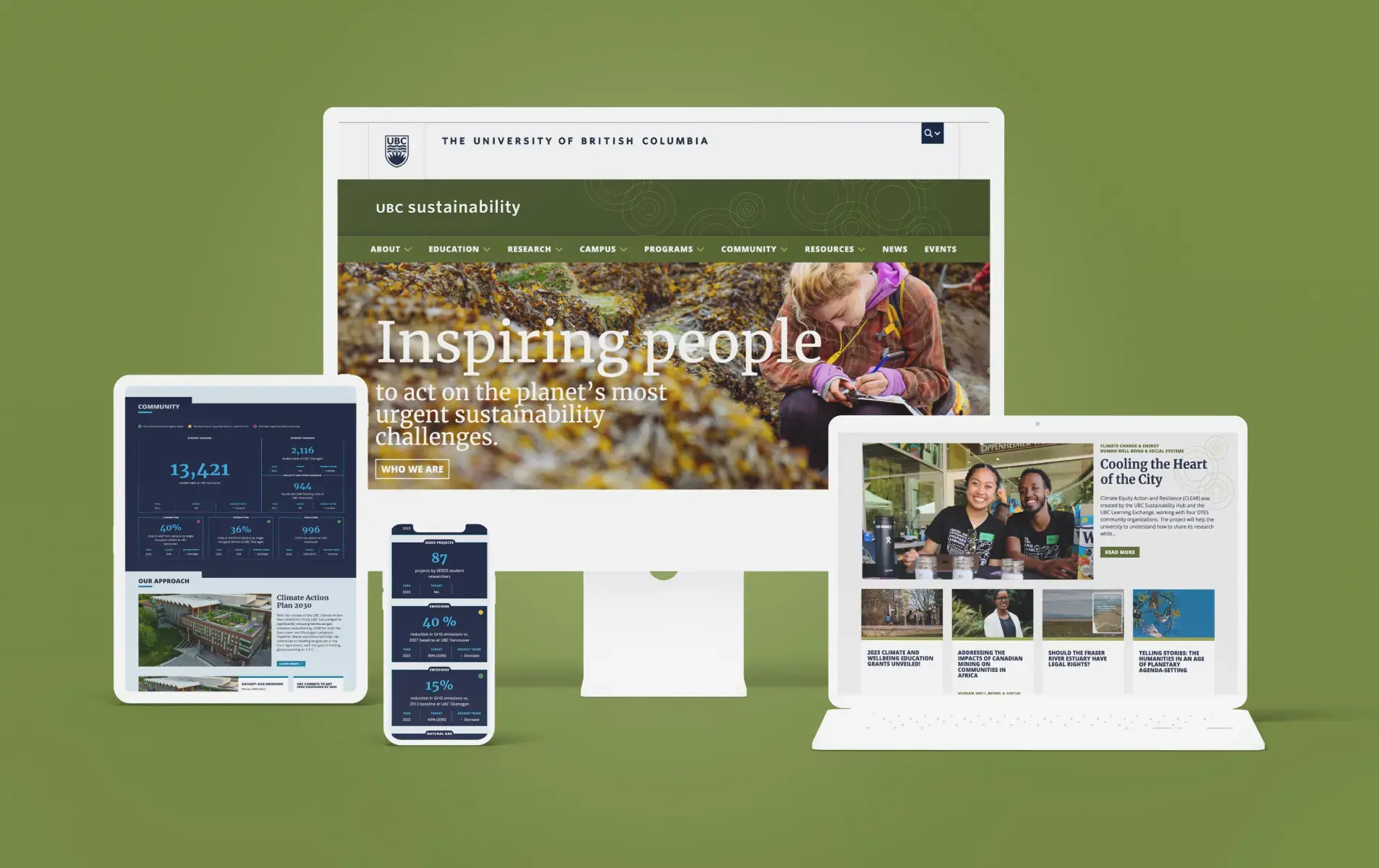 The UBC Sustainability Website shown on tablet, mobile, desktop and laptop sizes